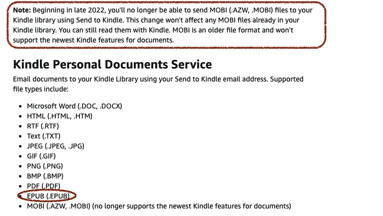 kindle personal document service supports epub in 2022